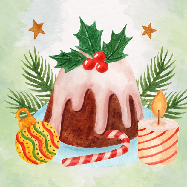 Ilustración de pudín de navidad acuarela