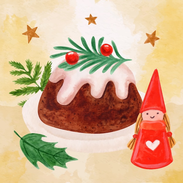 Ilustración de pudín de navidad acuarela