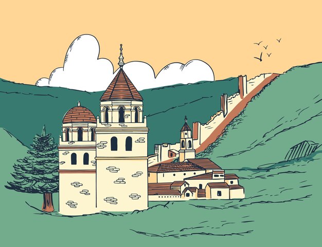 Ilustración de pueblo antiguo dibujado a mano