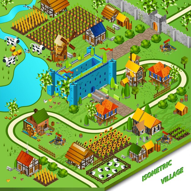 Ilustración de pueblo y castillo medieval