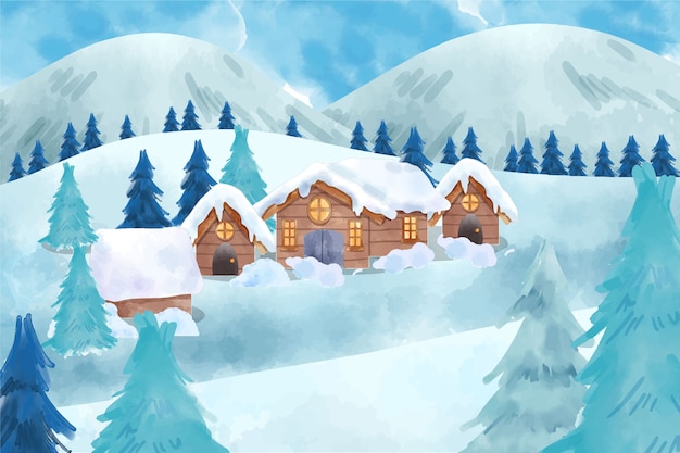 Ilustración de pueblo de invierno en acuarela
