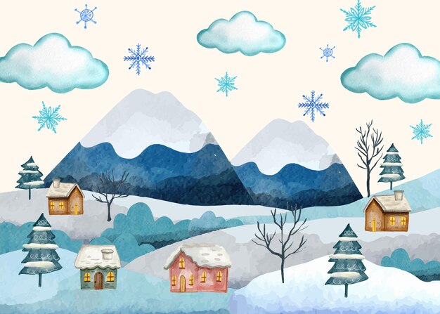 Ilustración de pueblo de invierno en acuarela