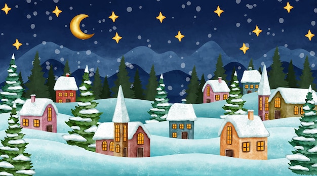 Vector gratuito ilustración de pueblo de invierno en acuarela