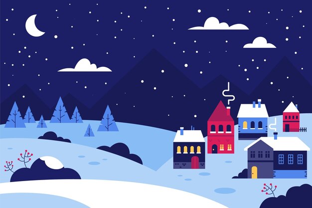 Ilustración de pueblo de invierno plano