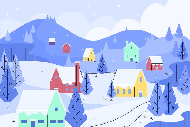 Ilustración de pueblo de invierno plano