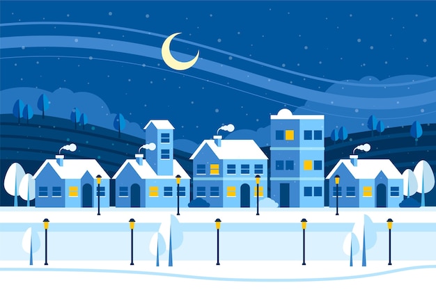 Ilustración de pueblo de invierno plano