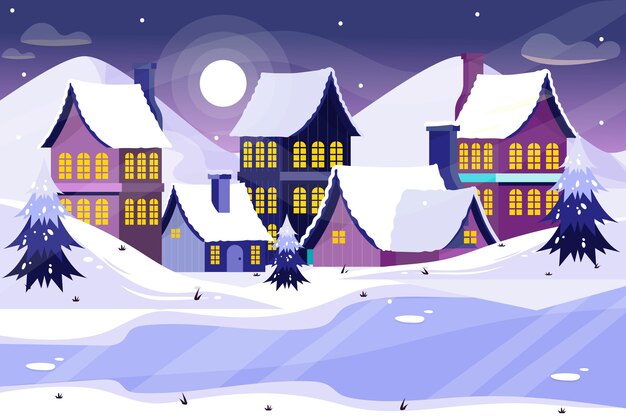 Ilustración de pueblo de invierno plano