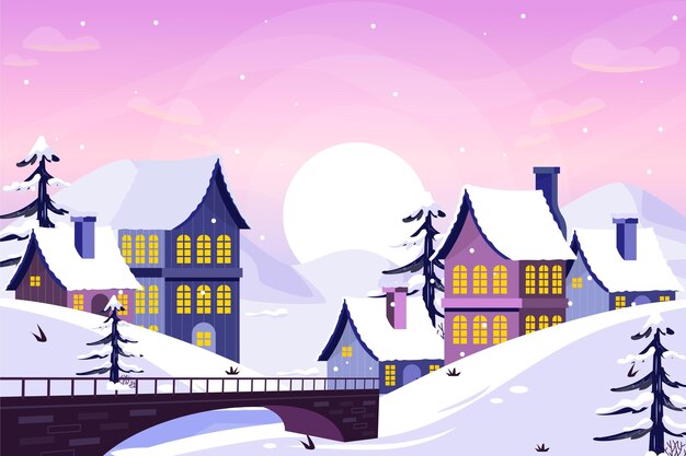 Ilustración de pueblo de invierno plano