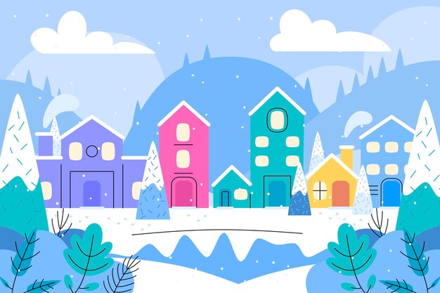 Ilustración de pueblo de invierno plano