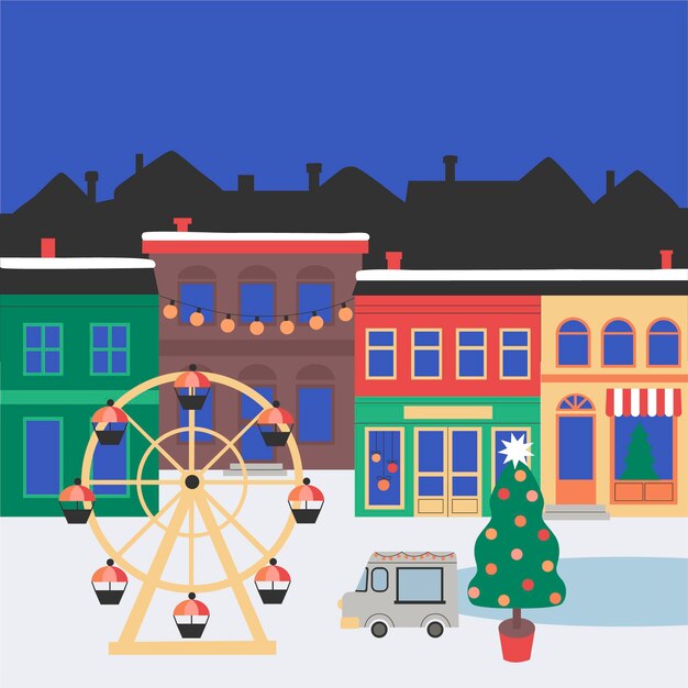 Ilustración de pueblo de invierno plano