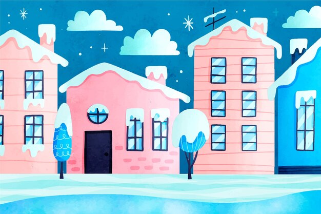 Ilustración de pueblo de navidad en acuarela