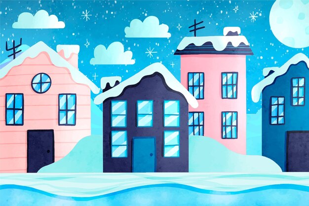 Ilustración de pueblo de navidad en acuarela