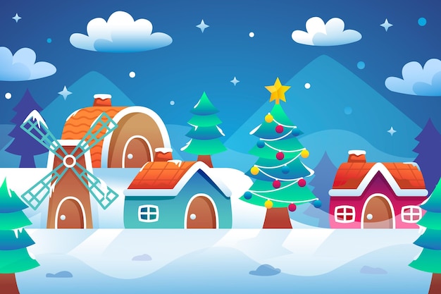 Ilustración de pueblo de navidad degradado