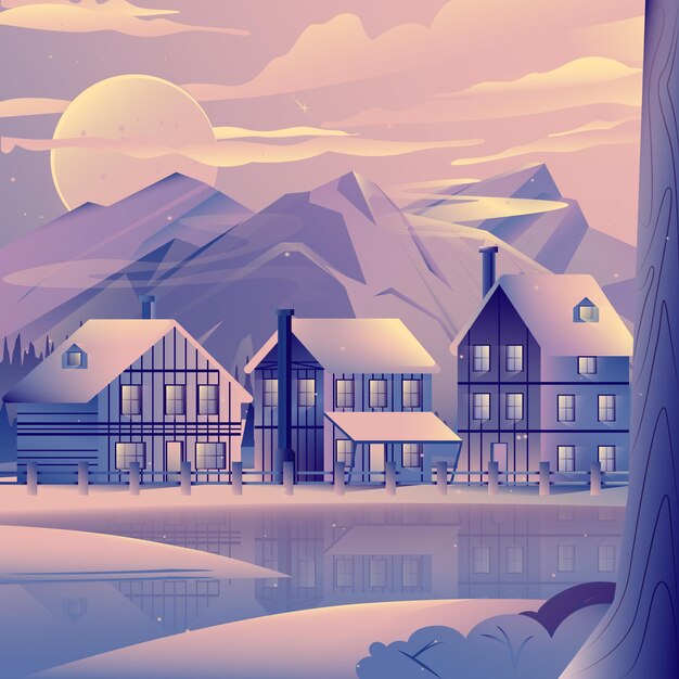 Ilustración de pueblo de navidad degradado