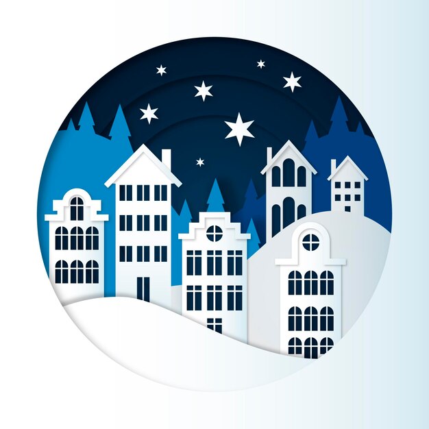 Ilustración de pueblo de navidad de estilo de papel