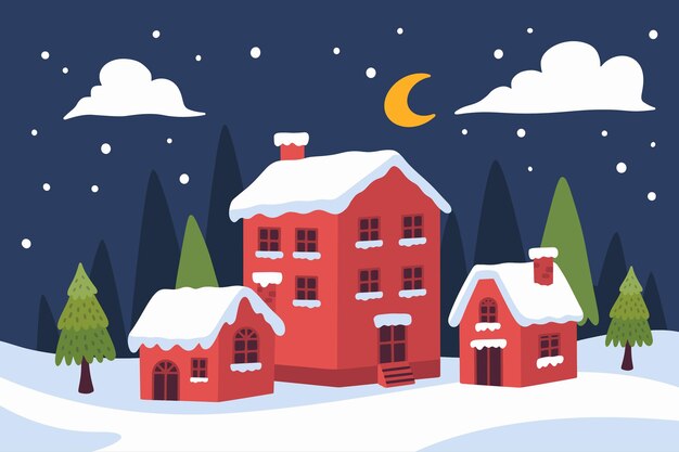Ilustración de pueblo de navidad plana