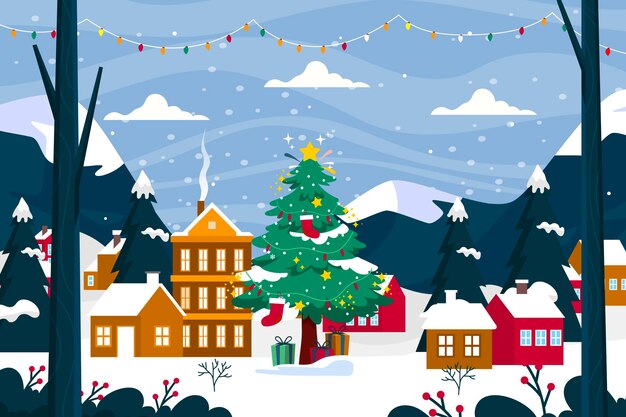 Ilustración de pueblo de navidad plana