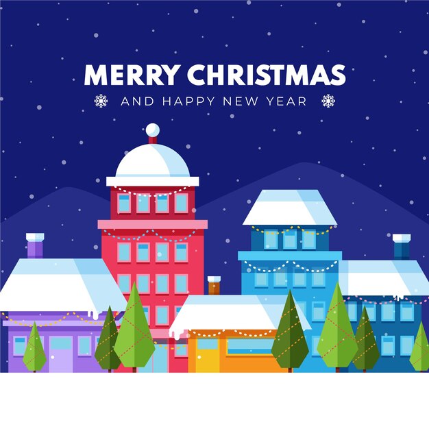 Ilustración de pueblo de navidad plana