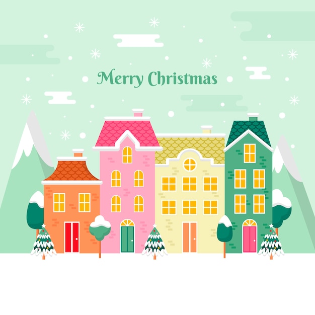 Ilustración de pueblo de navidad plana