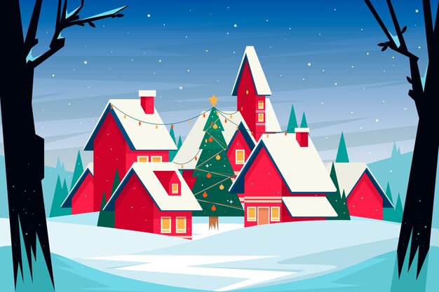 Ilustración de pueblo de navidad plana
