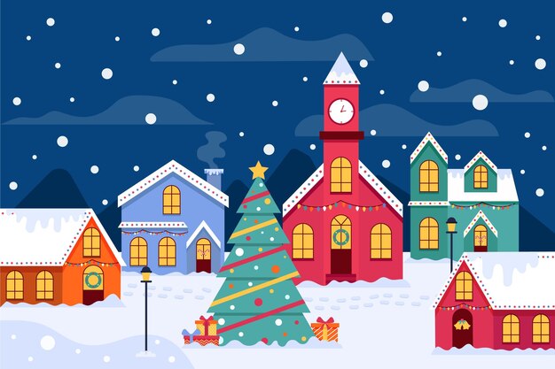 Ilustración de pueblo navideño vintage