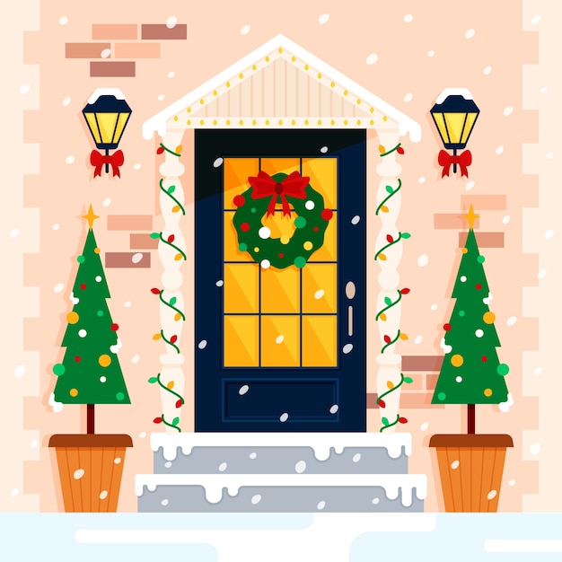 Ilustración de puerta de casa de navidad plana