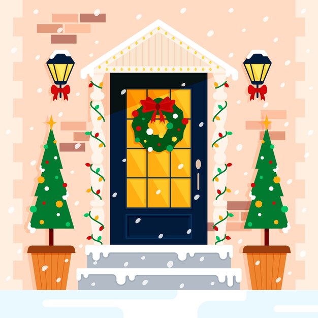 Ilustración de puerta de casa de navidad plana