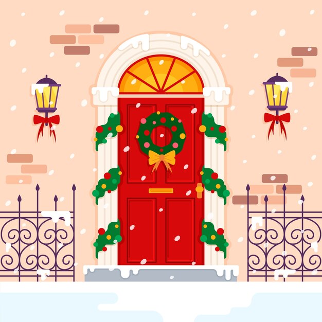 Ilustración de puerta de casa de navidad plana