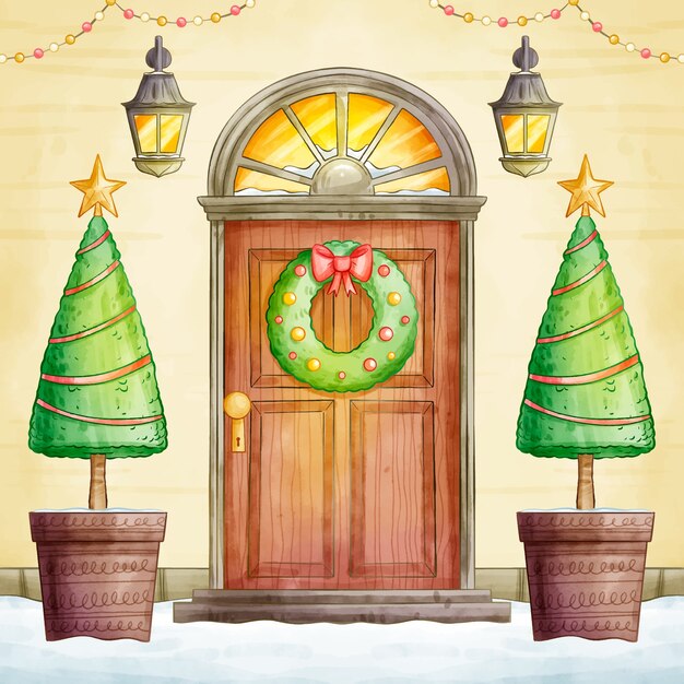 Ilustración de puerta de navidad acuarela