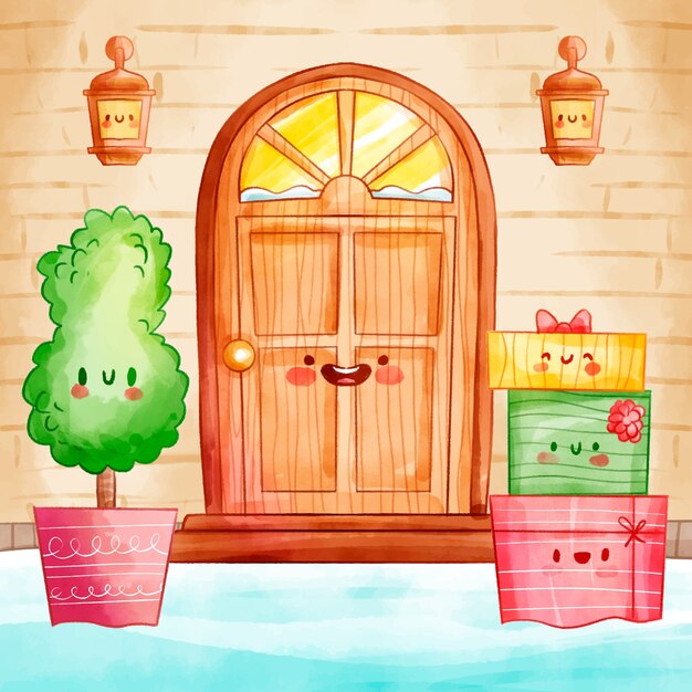 Ilustración de puerta de navidad acuarela