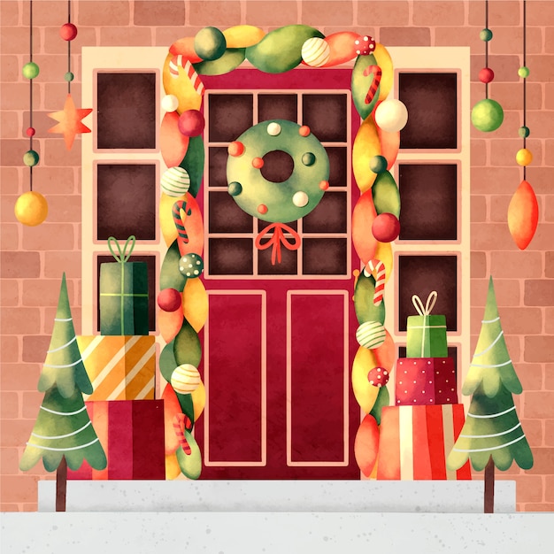 Vector gratuito ilustración de puerta de navidad acuarela