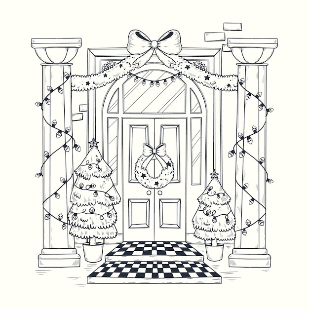 Ilustración de puerta de navidad dibujada a mano