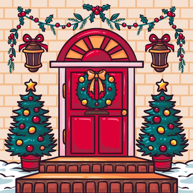 Ilustración de puerta de navidad dibujada a mano