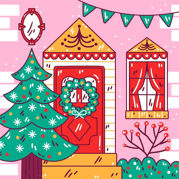 Ilustración de puerta de navidad dibujada a mano