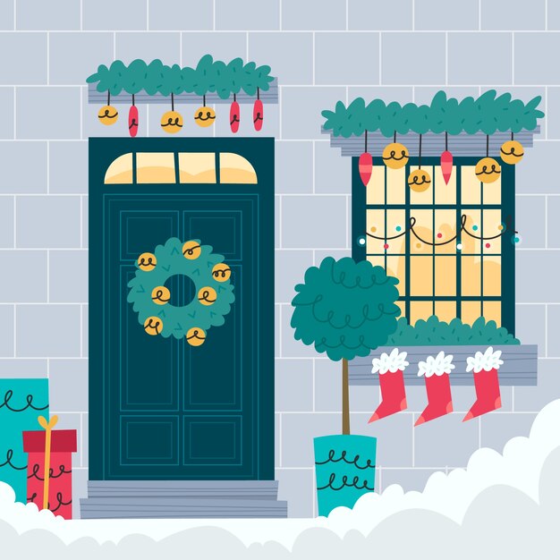 Ilustración de puerta de navidad plana