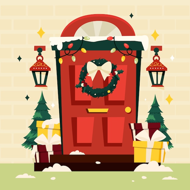 Ilustración de puerta de navidad plana