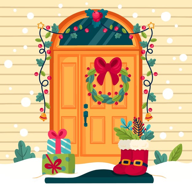 Ilustración de puerta de temporada navideña plana