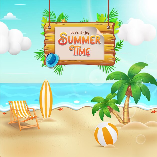 Ilustración del puesto de horario de verano con playa de mar tropical