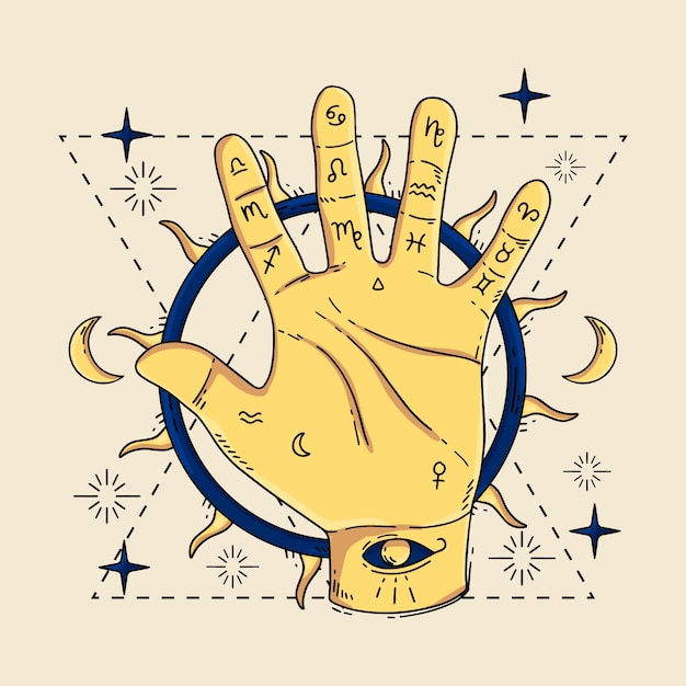 Ilustración de quiromancia esotérica dibujada a mano