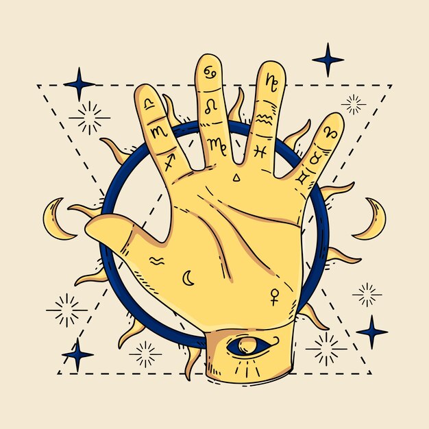 Ilustración de quiromancia esotérica dibujada a mano