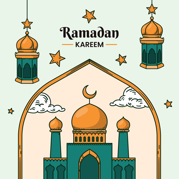 Ilustración del Ramadán dibujada a mano con elementos árabes