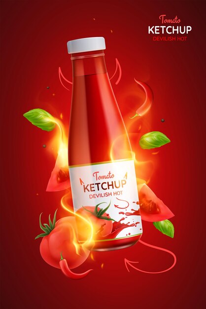 Ilustración realista del cartel de la salsa de tomate picante picante diabólica del tomate