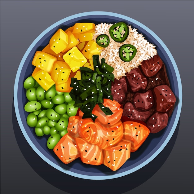 Ilustración realista de comida de poke bowl