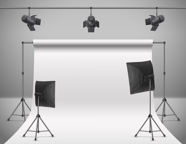 Ilustración realista de estudio fotográfico vacío con pantalla blanca en blanco, lámparas, focos de flash