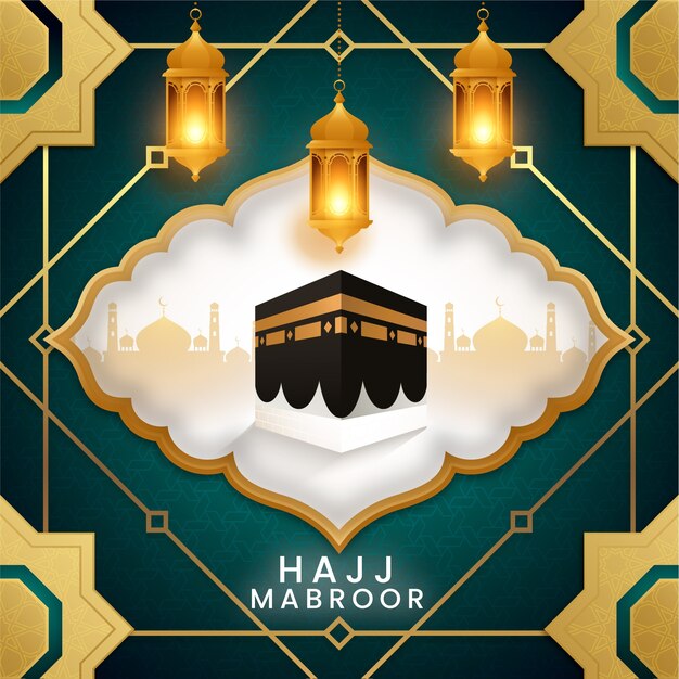 Ilustración realista de hajj con linternas y meca
