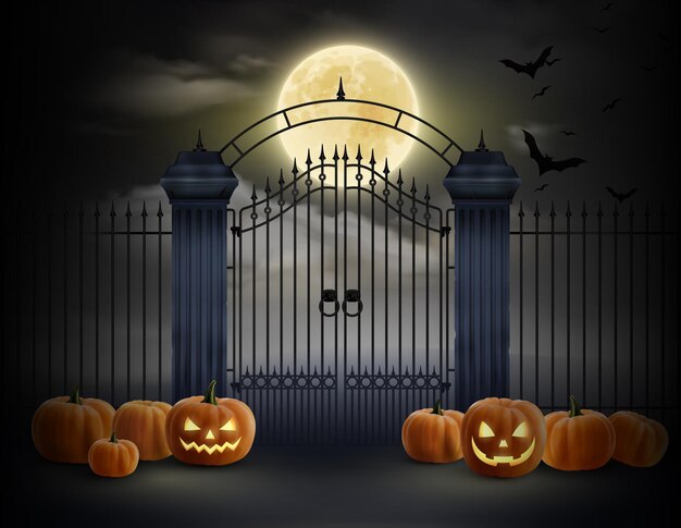 Ilustración realista de Halloween con calabaza riendo esparcida cerca de las puertas del antiguo cementerio en la noche de luna