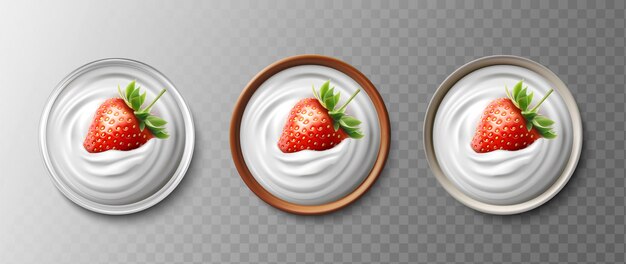 Ilustración realista del icono vectorial Conjunto de cuencos de crema fresca con fresa entera Lácteos naturales
