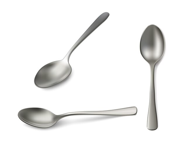 Ilustración realista del icono vectorial Cuchara de plata en diferentes vistas Isolada sobre fondo blanco