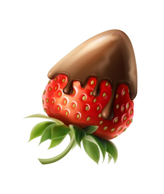 Ilustración realista del icono vectorial fresa entera cubierta de chocolate goteante