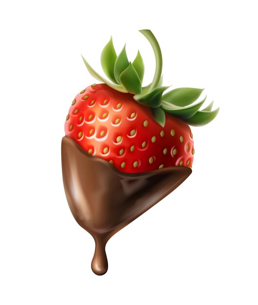 Ilustración realista del icono vectorial fresa roja entera cubierta de chocolate chocolate goteando